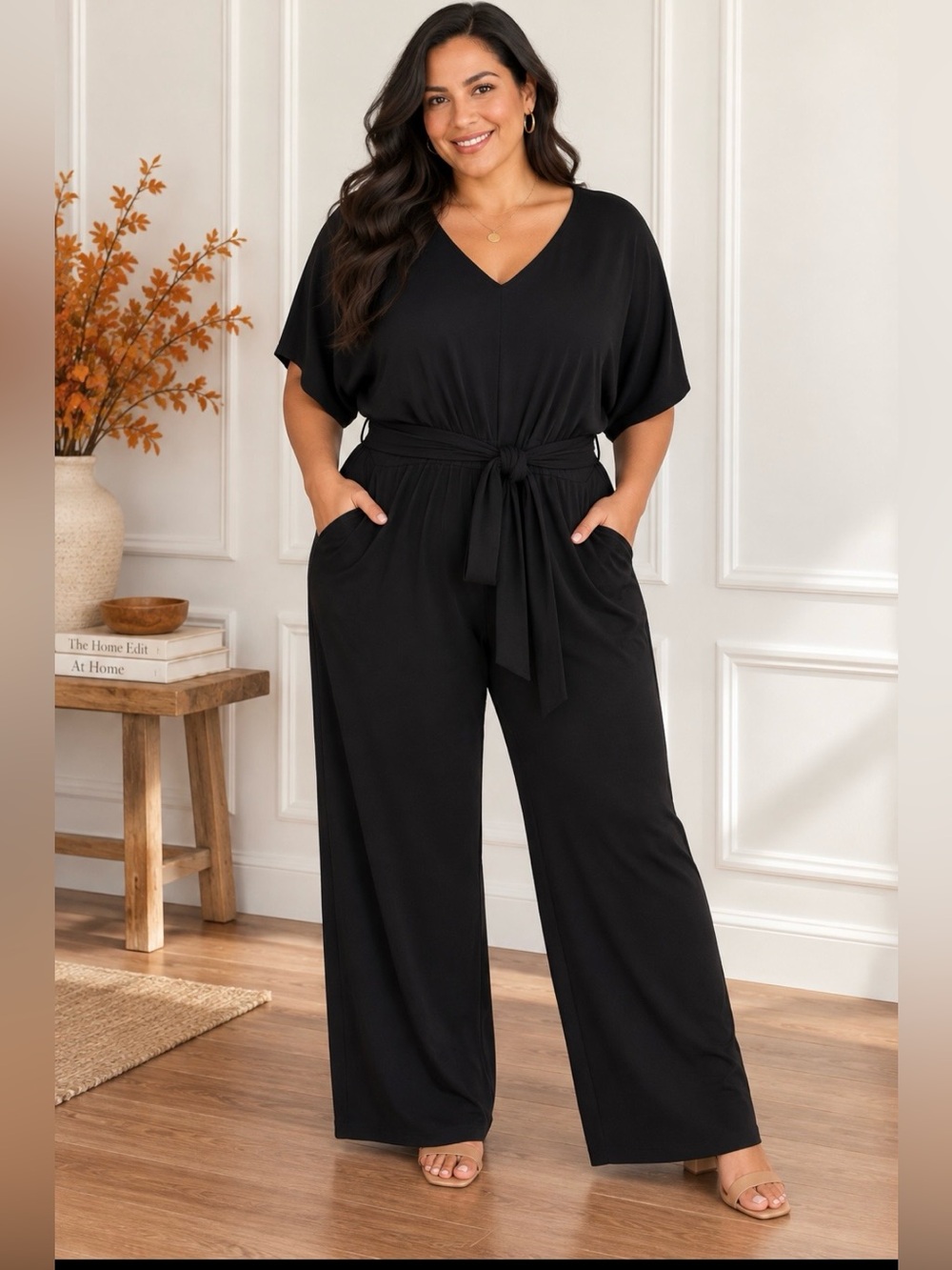 Lane Bryant Black V-Neck Tie-Waist Wide-Leg Jumpsuit with Pockets
